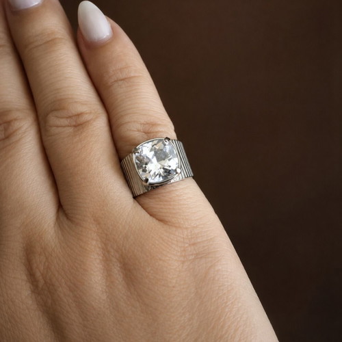 Steel silver chevalier ring with adjustable transparent square stone, like new