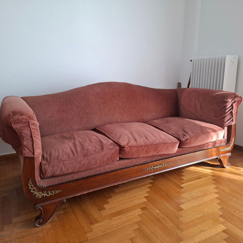Handmade three-seater sofa used, velvet fabric burgundy-red