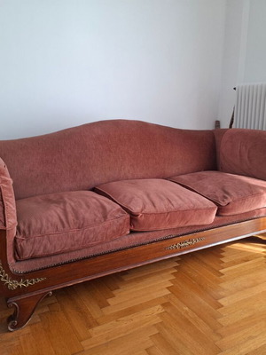 Handmade three-seater sofa used, velvet fabric burgundy-red