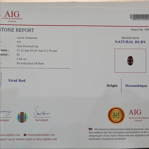 Natural unheated ruby 2.08 carat vivid red oval
