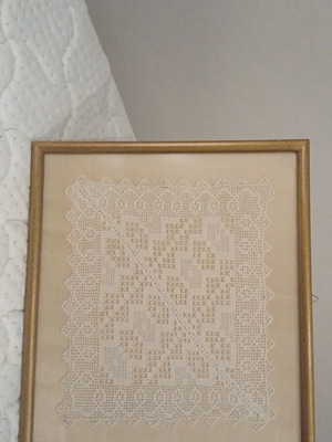 Embroidered textile painting in wooden gold frame like new