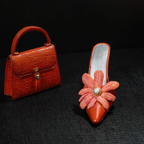 Vintage miniature fashion set resin handbag and high heel shoe like new