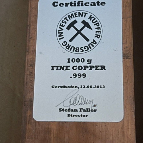 Collectible copper bars 999.9 like new, 2 x 1 kg, made in Germany