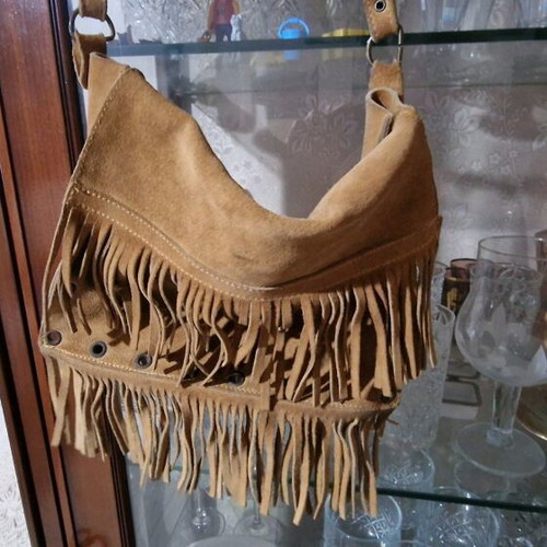 Shoulder bag used, genuine suede with brown fringes