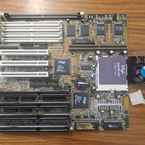 J-656VXB Socket 7 Motherboard used with Pentium MMX 166MHz and cooler