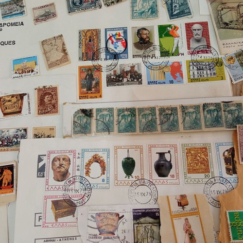 Vintage Greek Stamp Collection with Covers and Philatelist Receipts used