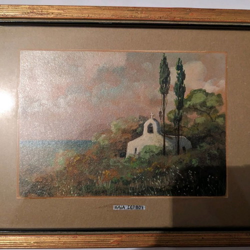 Small painting by H. Zervos like new with Aegina chapel