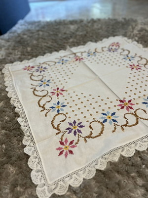 Square white embroidered handmade tablecloth with handmade lace like new