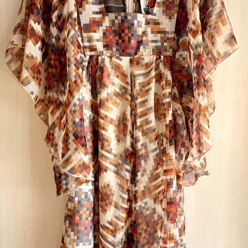 Boho dress with wide batwing sleeves in earthy tones, like new