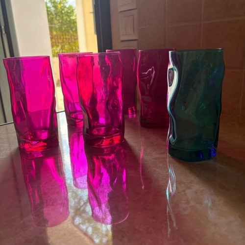 Colored glass water glasses set of 6, wavy design