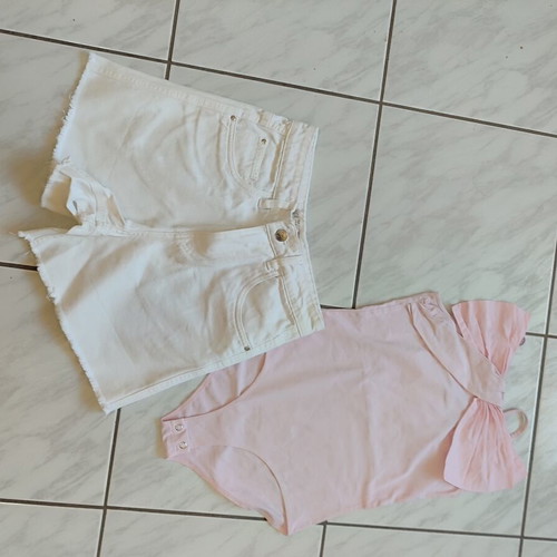 Zara pink bodysuit and white denim shorts set