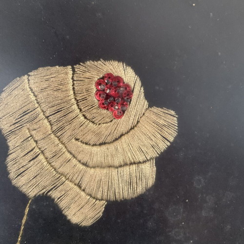 Handmade vintage embroidered textile painting with gold thread and sequins