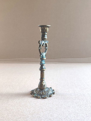 Vintage brass table candlestick used 1950s with neobaroque decoration