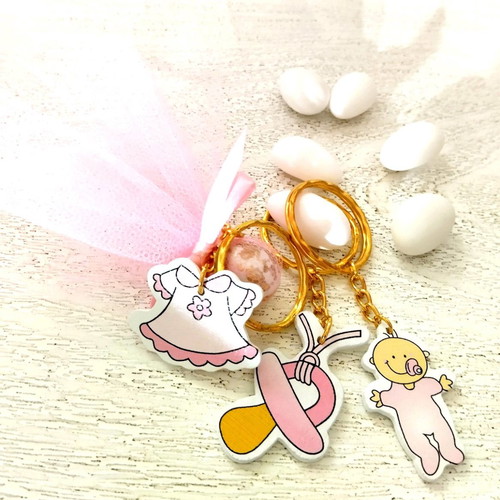 Maternity bombonieres with wooden figures on keychain or magnet new