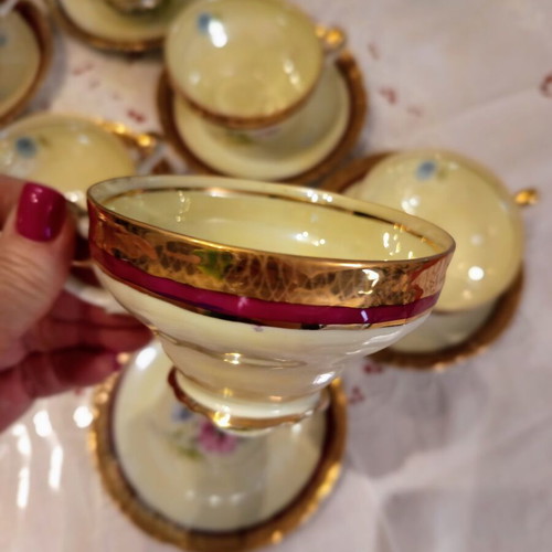 Vintage porcelain tea set 6 pieces used with burgundy and gold details