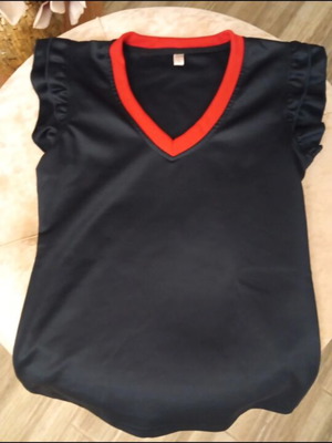 Blue Navy Blouse new, size small with ruffled sleeves and V-neck
