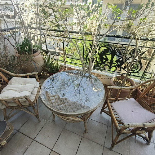 Bamboo balcony coffee lounge set with 2 armchairs and round glass table