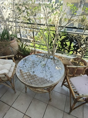 Bamboo balcony set used, 2 armchairs and round glass table