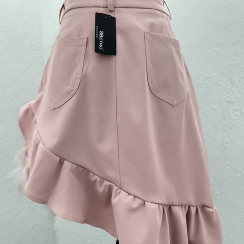 Upcycled asymmetric skirt with ruffles and pink feathers, SBETRO