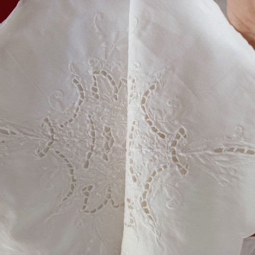 White Tablecloth with Embroidery and Cutwork used, 122x163 cm