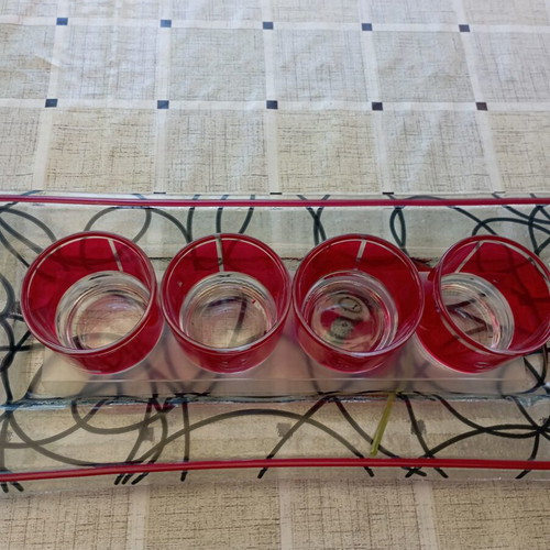 Table decor set with glass tray and 4 glass cups spelling LOVE