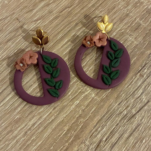 Earrings with leaves made of polymer clay like new, magenta