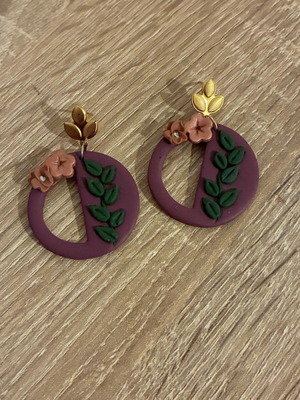 Earrings with leaves made of polymer clay like new, magenta