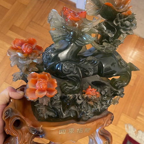 Feng Shui Pixiu Sculpture like new with Peony Flowers and Happiness Inscription