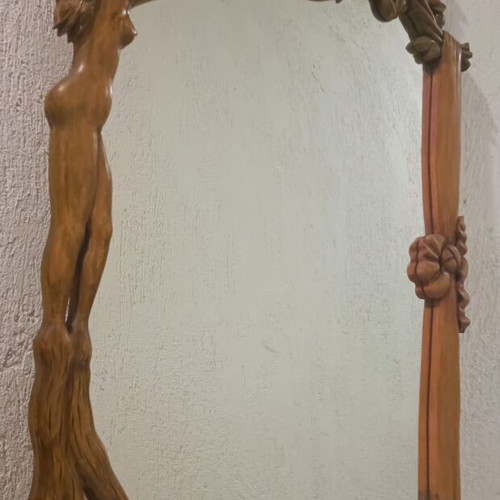 Wooden mirror with carved floral design and marble shelf like new