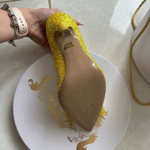 Yellow glitter high heels with bow, new, size 39