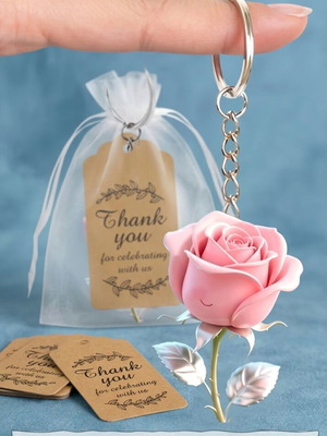 Acrylic Pink Rose keychain, handmade gift with pouch and card