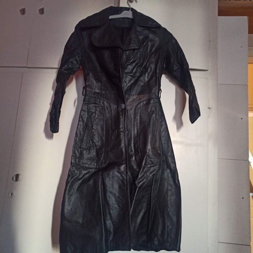Leather vintage trench coat used, black, 70s style