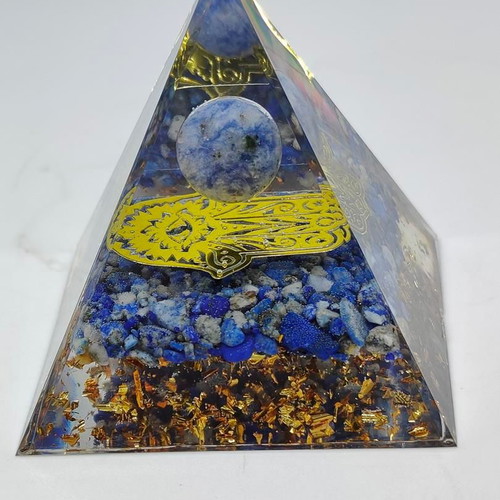 Orgonite pyramid with Lapis Lazuli, Sodalite and Hamsa hand like new