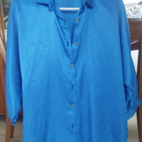 Vintage Satin Shirt electric blue jacquard paisley small medium like new