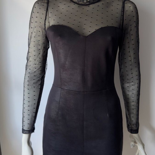 Bodycon evening dress black with mesh polka dots and leatherette like new