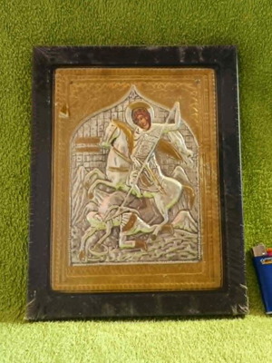 Saint Demetrios religious icon new, 24x19 cm, metal on wood