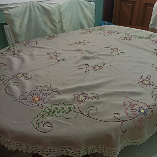 Tablecloth with lace used, embroidered floral design, beige
