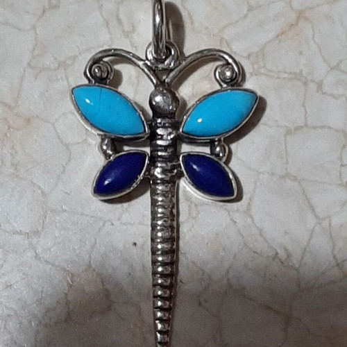 Dragonfly pendant sterling silver 925 with lapis lazuli and authentic turquoise new