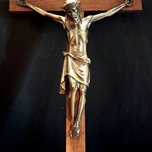 Vintage wall crucifix 60 cm with wooden cross and cast metal body