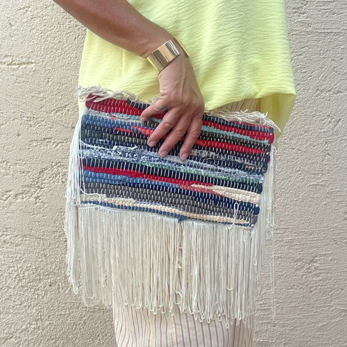 Handmade patchwork clutch bag with fringes, used, multicolor
