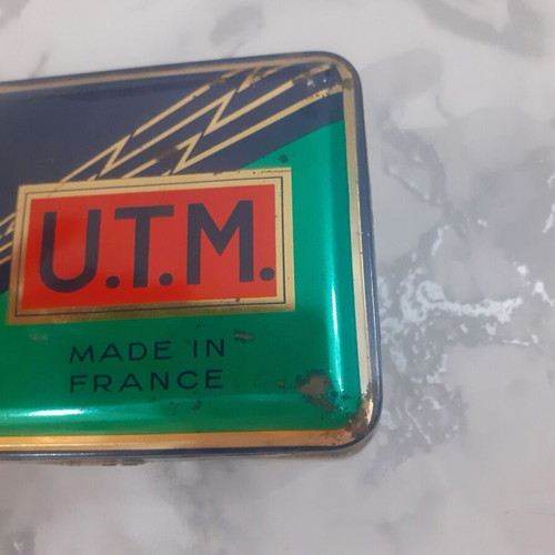 Vintage U.T.M. metal box used, French 1960s lighter stones