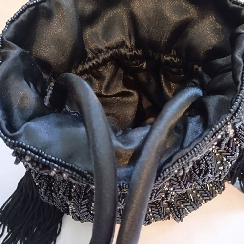 Vintage black evening bucket bag with beads and tassels