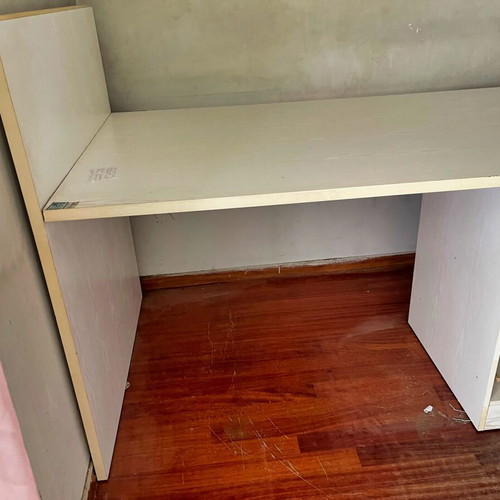 Children's bed with desk and drawers used, white with pink details