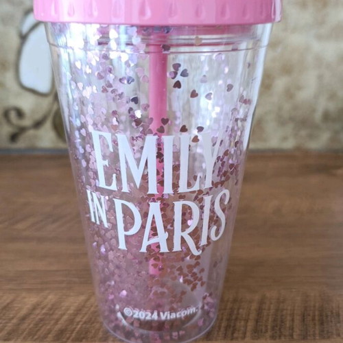Plastic water bottle pink with designs and glitter, new
