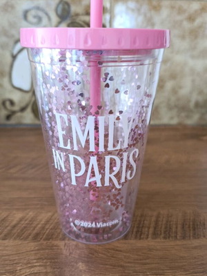 Plastic water bottle pink with designs and glitter, new