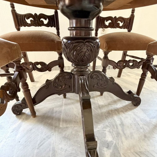 Dining set vintage solid wood extendable table with 4 carved chairs used