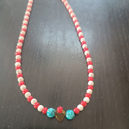 Handmade necklace with white, red beads and turquoise detail