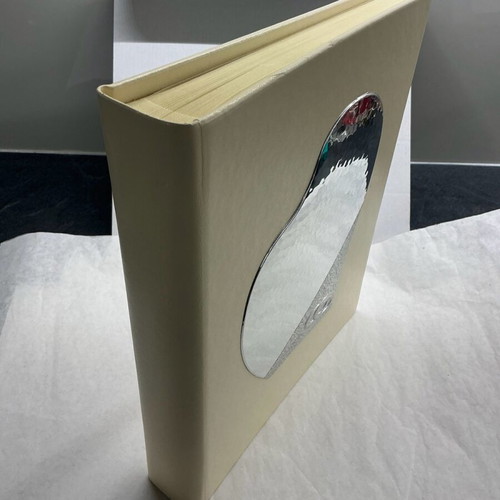 Leather photo album ecru with silver heart and rings design, new