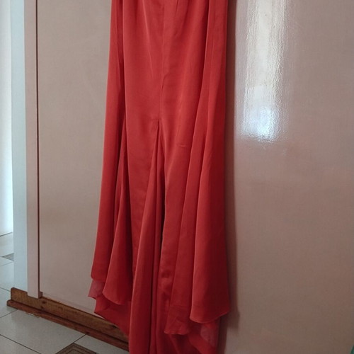Saten prom dress used, coral with gold lace embroidery and cut-out