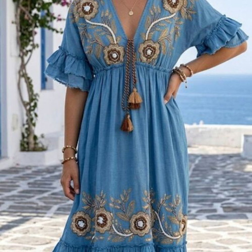 Indian dress in denim shade with embroidery, new, size L